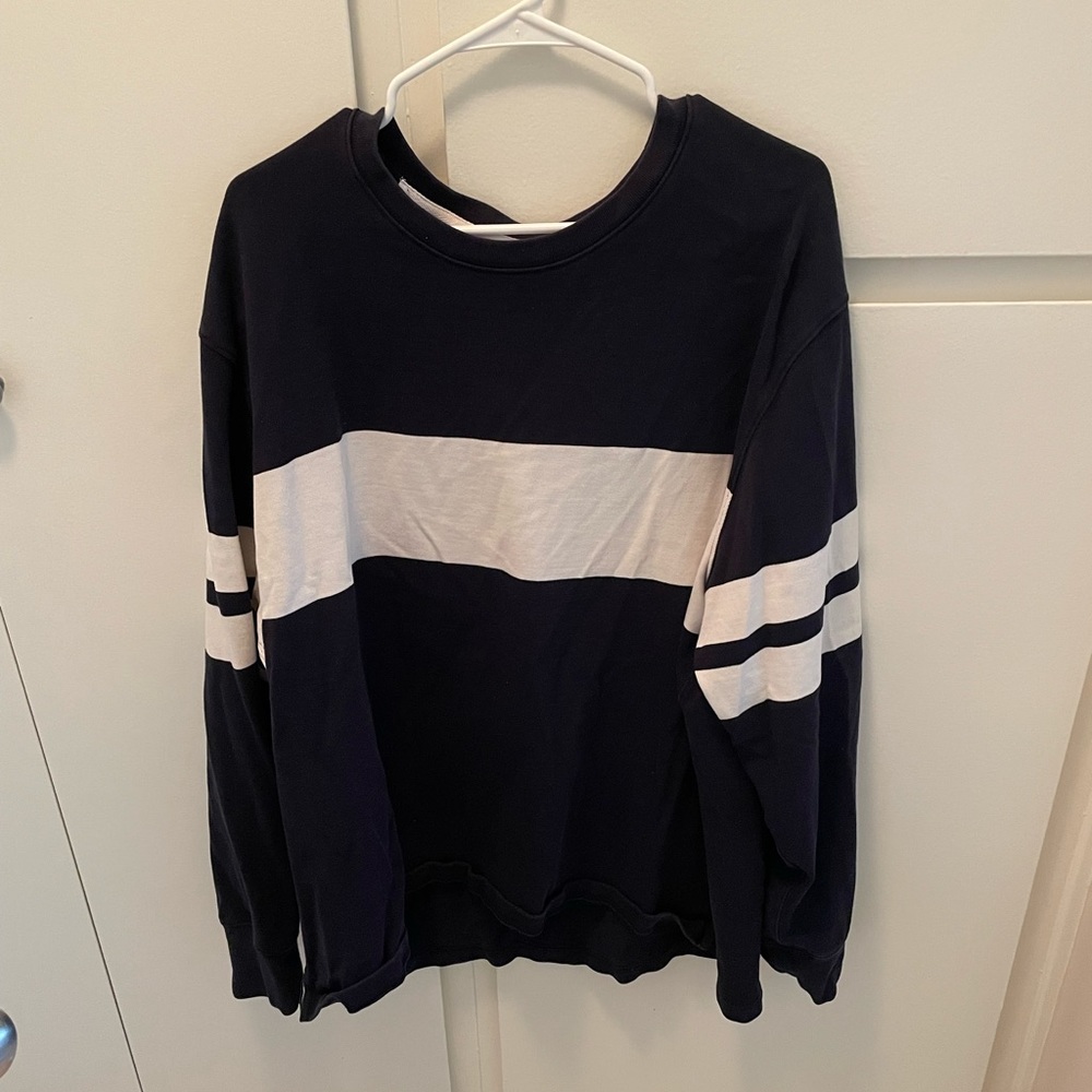 J Crew navy blue sweat with white strip